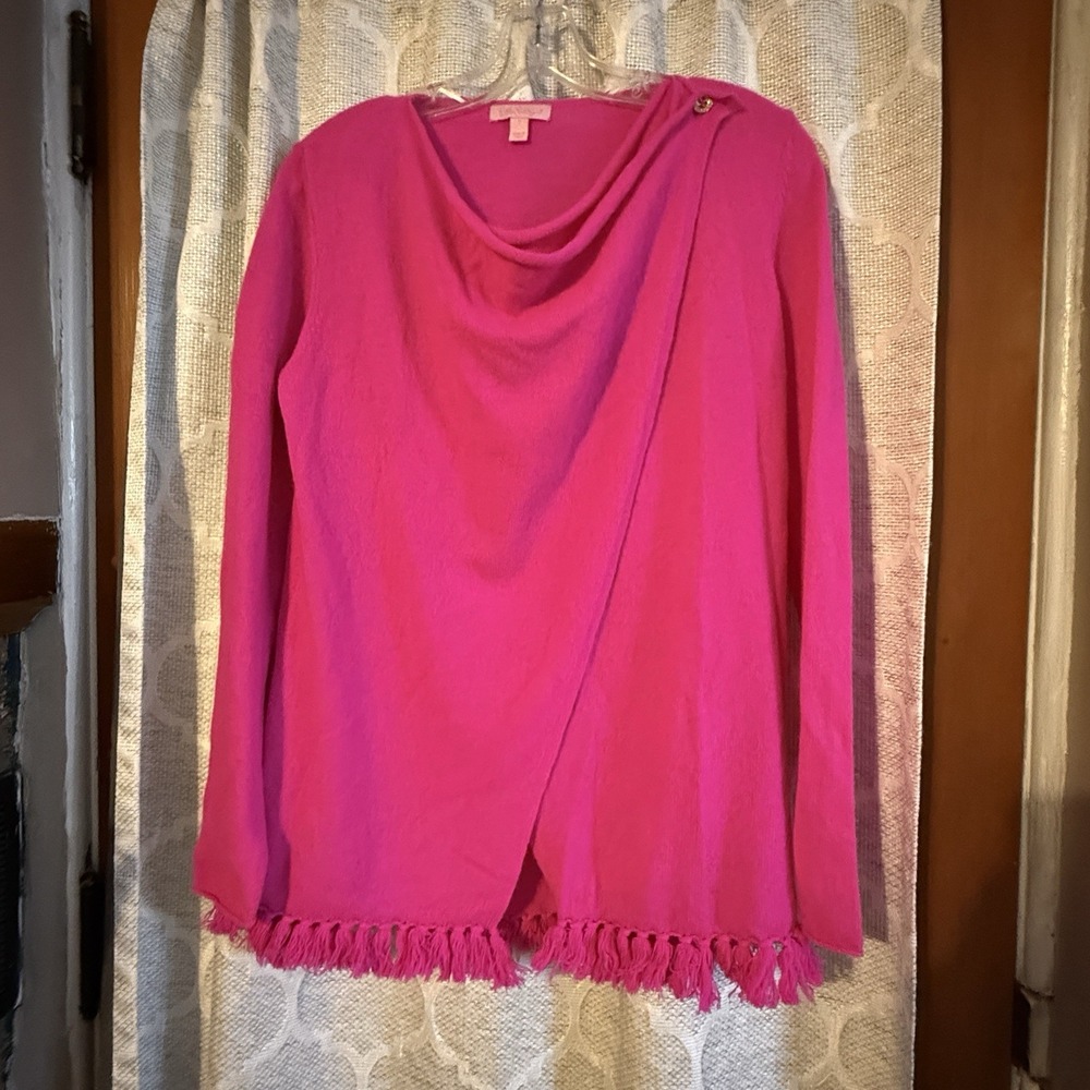 Lilly Pulitzer Alina Cashmere Fringe Trim Pink Cardigan S Knit Cottagecore‎